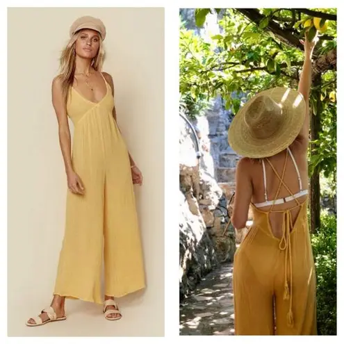 Jen's Pirate Booty Jen’s Pirate Booty Gozzo Yellow Jumpsuit XS Halter Crop Wide Leg Terry Cloth