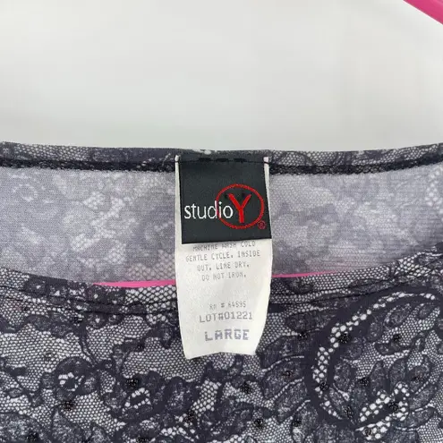 Y2K Top Large Short Sleeve 2000s Lace Print Rhinestones Babydoll Bratz Vintage Black