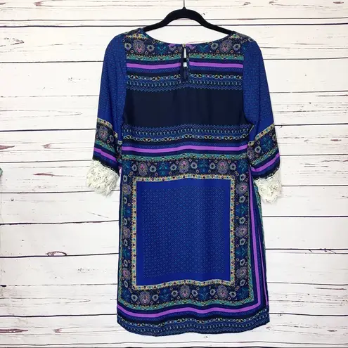 Peach Love California Peach Love Blue & Purple Boho Crochet Lace Sleeve Shift Dress Size Small