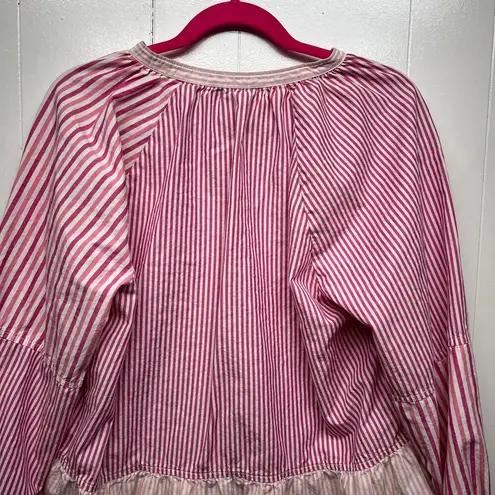 Free Assembly Striped Long Sleeve Ruffle Hem Womens Cotton Top Size XL Pullover Pink