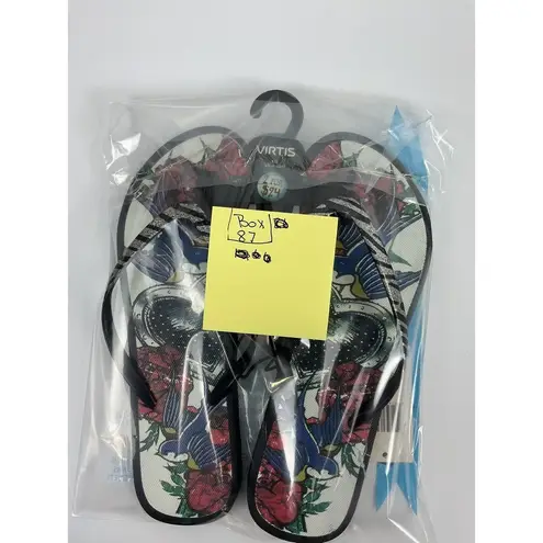 Virtis Women's Flip Flops Black Tattoo Rose Bird Heart Sandal Size M 7/8