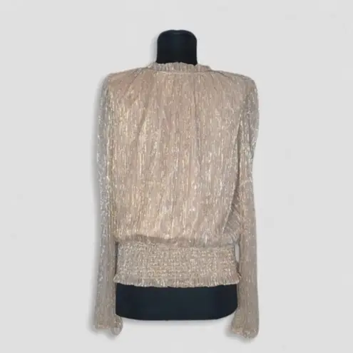 Joie  Shimmer Blouse Smocked Waist Long Sleeve Chiffon Silver Gold Metallic Sz L