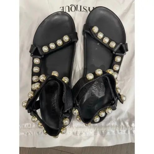 Mystique x Stephanie Gottlieb Collab Miranda Black Faux Pearl Sandals Size 8