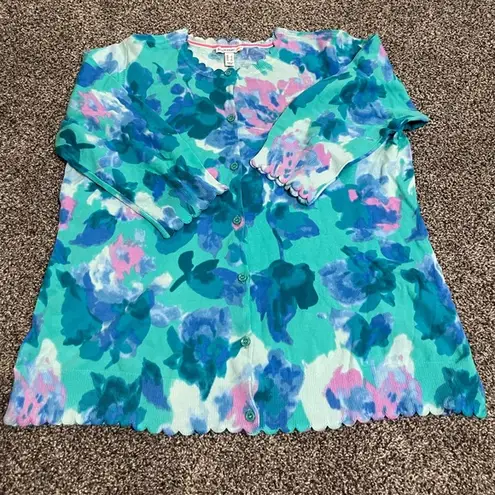 Isaac Mizrahi Issac Mizrahi blue watercolor scalloped floral 3/4 sleeve button up cardigan L