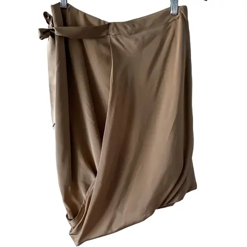 Hugo Boss 100% silk ribbon tie asymmetrical draped mini skirt tan neutral size 4