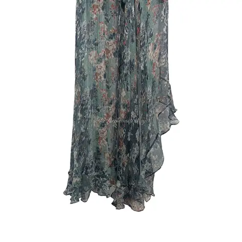 Caroline Constas Silk Vivan Floral Ruffled Georgette Maxi Gown Dress Slate Ombre Green Size XS