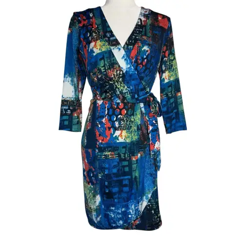 Oleg Cassini Faux Wrap Dress 4 Side Tie V-Neck Colorful Abstract Artsy Stretchy - Image 3
