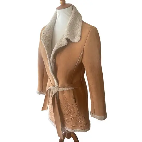 Daniel Benjamin Faux Leather Sherpa Lined Embroidered Boho Style Jacket Size Sma Tan