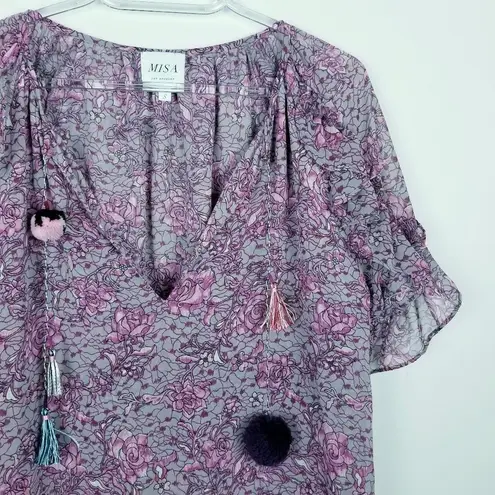 MISA Los Angeles Lino Floral Tassel Ruffle Blouse Top