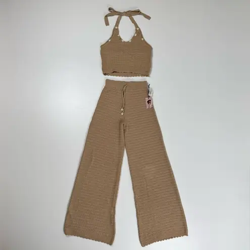 Sincerely Jules 2 Piece Crochet Pants & Halter Top Set Size Small NWT Y2K Boho Tan