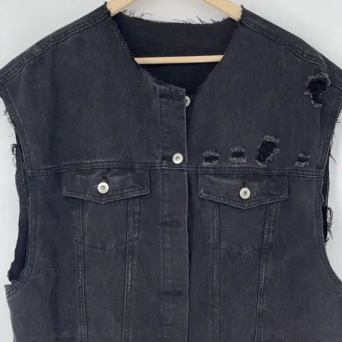 HWY Jeans Button Front Distressed Raw Cut Off Denim Trucker Vest Black Large