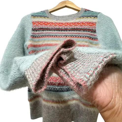 Anthropologie Knitted & Knotted Fuzzy Stripe Eyelash Sweater Pastel Blue Size XS
