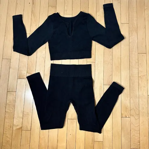 2 PIECE RIbbed Loungewear Workout Athleisure Set Size Small Black