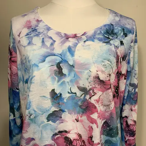 Time And Tru Time and True Floral Blouse Small S 4-6 Asymmetrical Hem 3/4 Sleeve Lace Accent