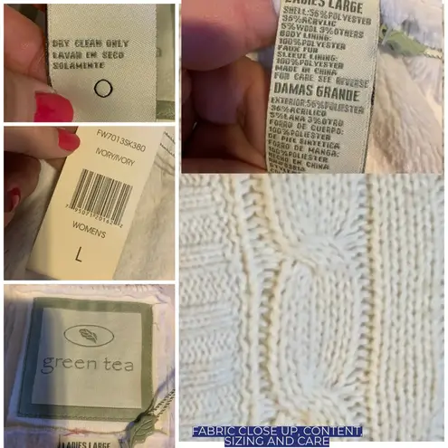 Green Tea "IVORY" CREAM CABLE KNIT FAUX FUR LINED HOODED CARDIGAN JACKET NWT (L)