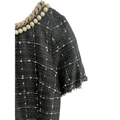 Leslie Fay Dress Womens 10 Tweed Black White Pearl Short Sleeve Business Chic