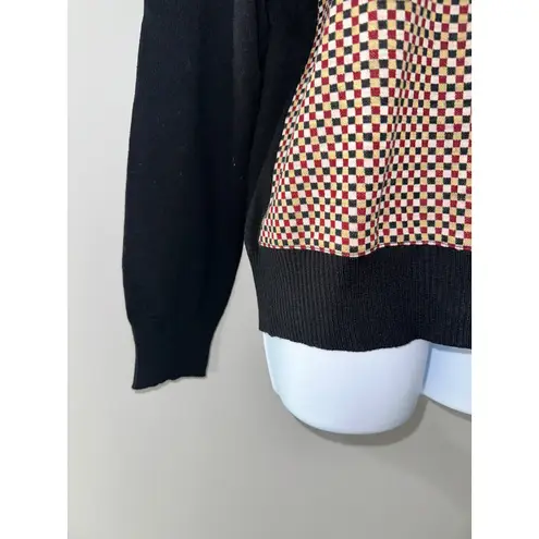 Messagerie Womens V Neck Sweater 100% Merino Wool Long Sleeve Checkered Black Size M