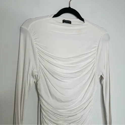 Naked Wardrobe Ruched Long Sleeve Open Back Mini Dress in Cream