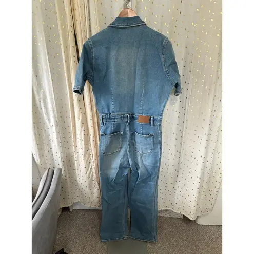 Judy Blue  Women's JB88722 Short Sleeve Zip Up Stretch Denim Wide Leg Jumpsuit L