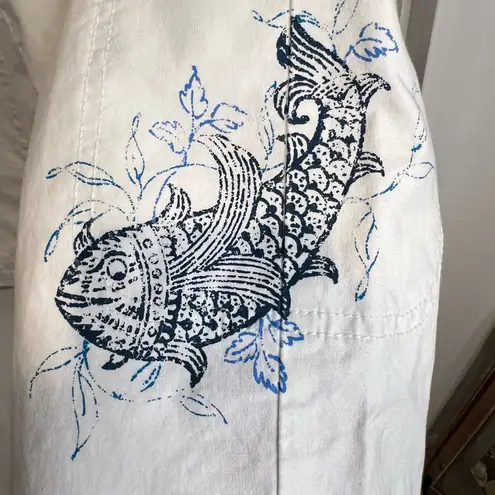 Coldwater Creek  Capri Pants Sz 12 Tie Bottoms White Koi Fish Coastal Stretch