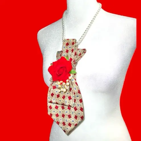 “Dainty Dapper”Elegant Red and Gold tie Necklace with Floral Accent