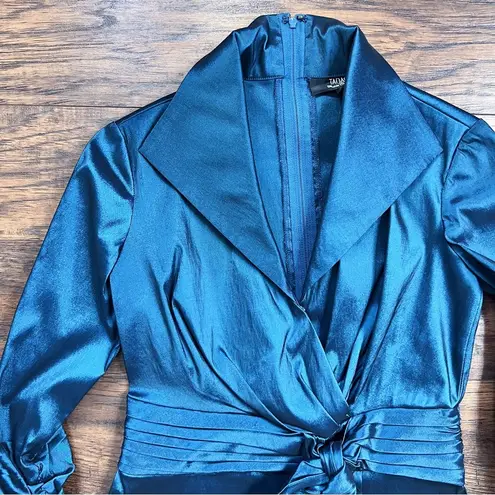 Tadashi Shoji TADASHI • Stretch Taffeta Blouse teal blue ruched sleeve tie waist wing collar