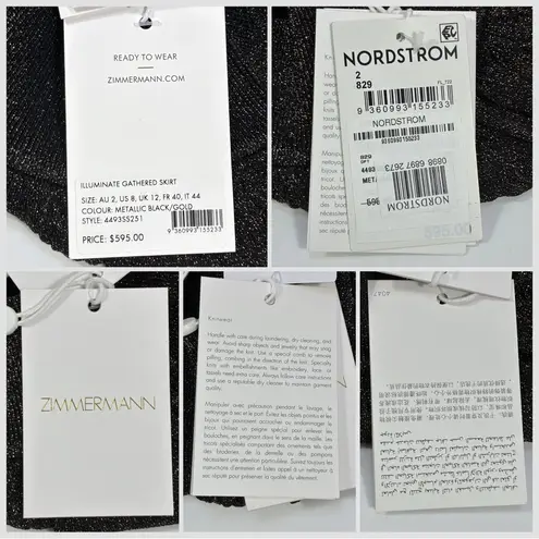 Zimmermann Illuminate Gathered Metallic Knit Flare Maxi Skirt Black Gold US 8