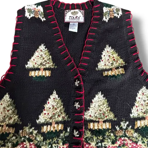 Vintage Tiara International Christmas Sweater Vest Large Black Red Tree Knit
