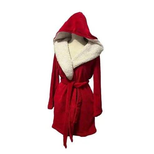 Victoria's Secret  Cozy Hooded Plush Fleece W Sherpa Short Robe Vibrant Red XS/S
