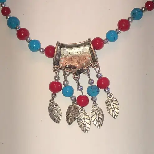 Turquoise Color and Red Beaded Boho Silver Tone Feather Necklace Blue