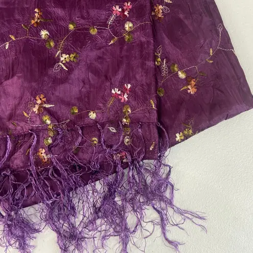 Adult dark purple embroidered floral tassel fringe silk scarf wrap lightweight
