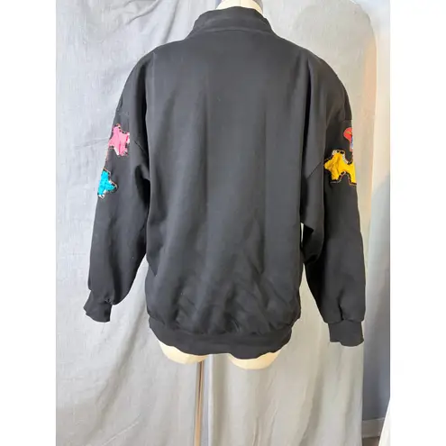 Vintage Gantos Hong Kong Puzzle Piece Appliqué Bomber Jacket 100% Cotton L Black Size M