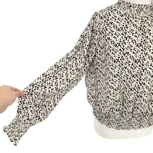 THML Brush Animal Print Smocked Ruffle Blouse Ivory Black Size Medium