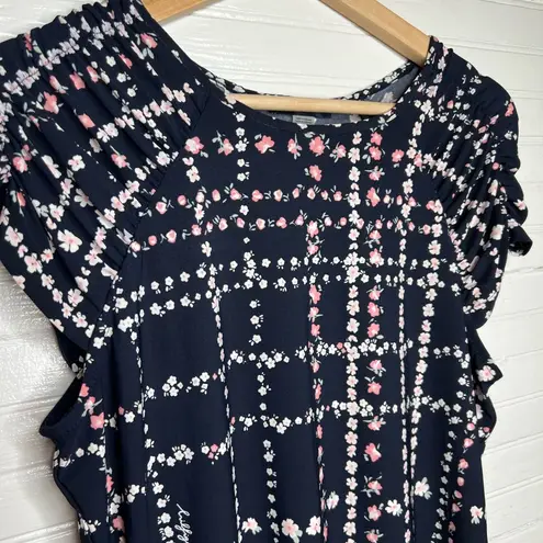 Tommy Hilfiger  Women's Blue Floral Grid Short Sleeve Blouse Black Size S