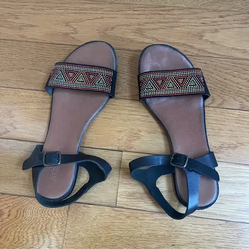 Sesto Meucci Beaded Black Flat Sandals with ankle strap made in Italy, size 7.5