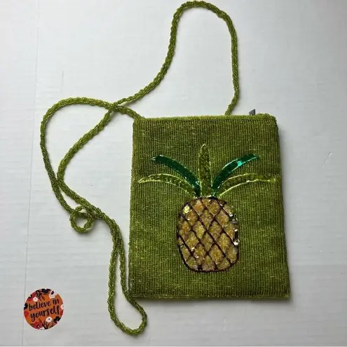 Lime Green Beaded Pineapple Crossbody Phone Bag Sequins Summer Tropical
