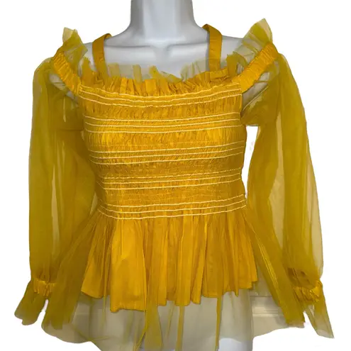 Iris Bright Lemon Yellow Smocked Cold Shoulder Tulle Puff Sleeve Peplum Top M