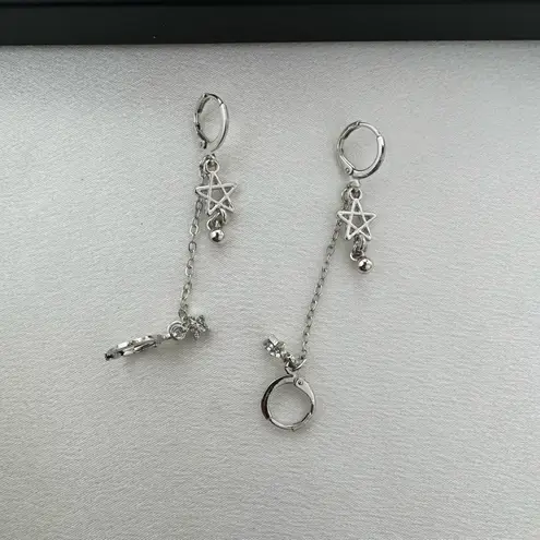 Double Piercing Dangle Chain Star Earrings for Women Silver