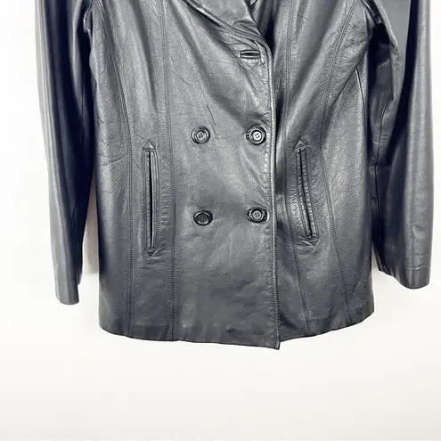 Jacqueline Ferrar Black Genuine Leather Double Breasted Lined Coat, Size Medium