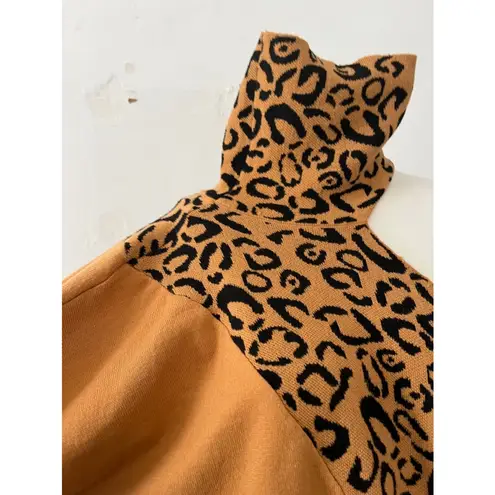 Leopard print turtleneck sweater pullover with side cutout cold shoulder large Brown