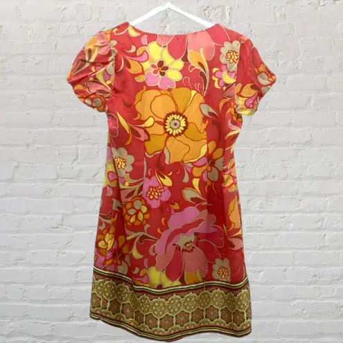 Hale Bob Silk Floral Boho Shift Dress S – Coral Pink Yellow Resort