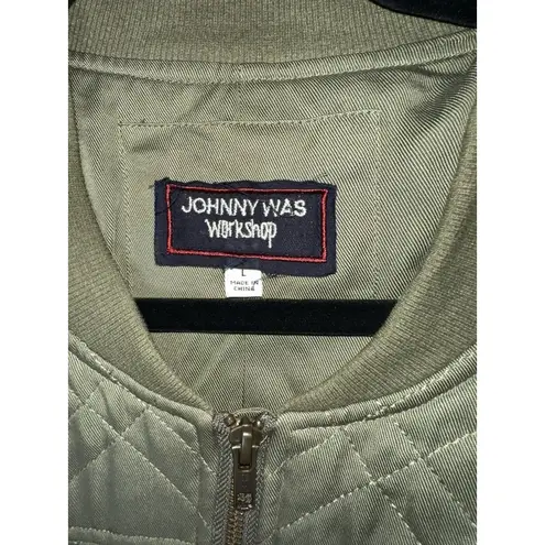 Johnny Was Workshop Green Quilted Bomber Jacket Embroidered Sleeves Size L