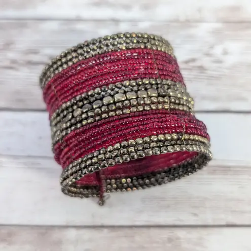 Vintage Wrap Bracelet Statement Brass Tone & Red Beads
