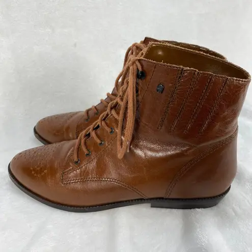 Etienne Aigner Brown Leather Ankle Boots Womens 7.5 Lace Up Combat Booties-flaw