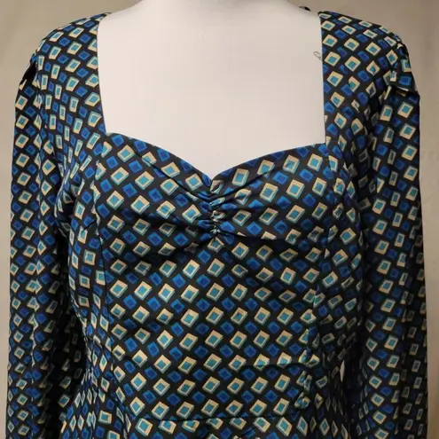 NWT Band of the Free Genevieve Teal Diamond Long Sleeve Mini Dress Mod 60's Vibe Size L
