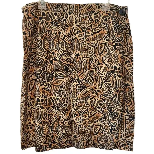 Bobbie & Brooks Vintage Y2K Tribal Floral Flower Leaf Brown Black Tan Wrap Skirt High Waisted Size Small Medium