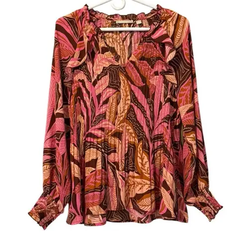 Sunny Leigh Top Womens Size M Retro Floral Long Sleeve V Neck Pleated Ruffles
