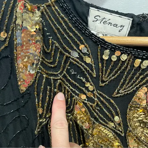 Vintage 80’s stenay black silk short sleeve beaded sequin gold bling leaf dress Size undefined