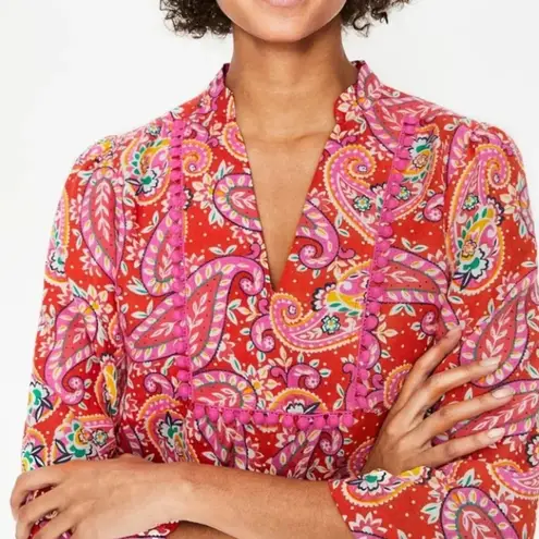 Boden Evangeline Linen Tunic Dress in Red Pop Mexican Paisley Size 4 petite
