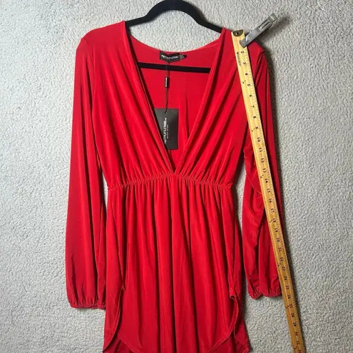 Pretty Little Thing  Dress Womens‎ 4 Red Slinky Plunge Split Shift Stretch NEW